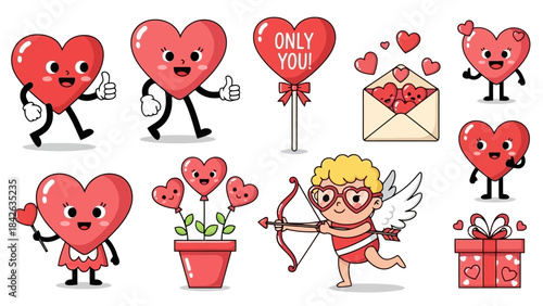 Cute Valentine's Day Heart Characters Collection with Cupid and Gift Box