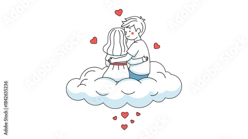 Embraced by Love: A tender moment unfolds as two figures, enveloped in a heartfelt embrace upon a cloud, surrounded by floating hearts, creating an aura of affection and romance.