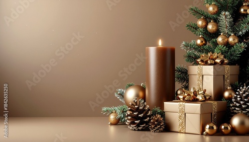 Christmas brown background with gifts, baubles and a candle