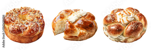 Watercolor bakery illustration with fresh bread, muffins, and desserts. Hand-painted pastries including croissants, baguettes, and rolls with cream swirls for breakfast designs.