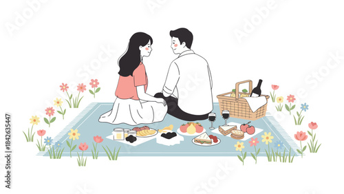 Romantic Picnic: A couple shares an intimate moment, enjoying a delightful picnic spread amidst a field of flowers and a picnic basket. A tranquil afternoon of connection and joy. 