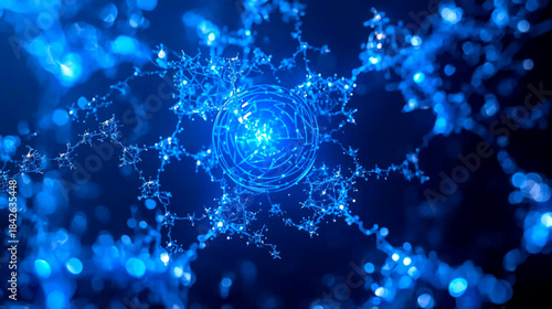 Glowing blue molecular structure with connections on dark background
