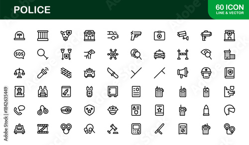 Police line icon set – Professional minimal law enforcement symbols in crisp vector outline style for versatile use