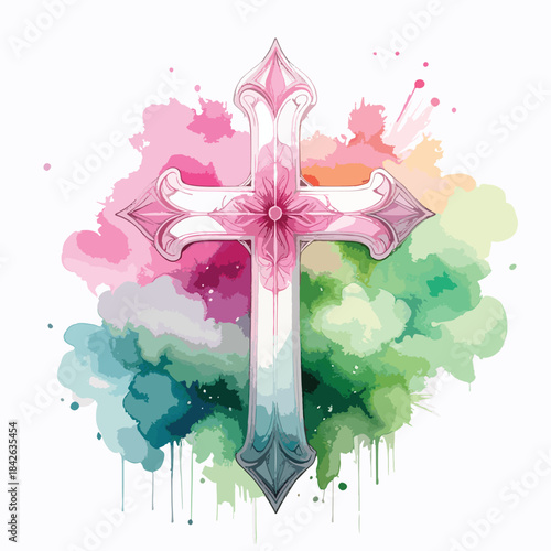 Illustration of an Orthodox Cross in Pink, White, and Green
