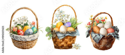 Watercolor Easter basket filled with decorated eggs and spring flowers. Cute cartoon set perfect for greeting cards, posters, and holiday designs with pastel colors.