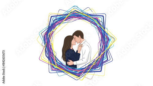 Harmony of Embrace: A tender couple shares an intimate moment, their closeness framed by a vibrant abstract design, evoking themes of love, connection, and emotional bonds.