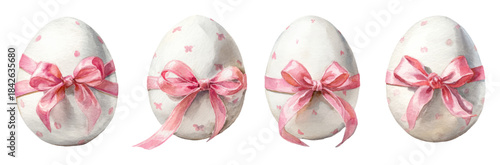 Easter watercolor illustration set. Pink decorated eggs with ribbon bows. Spring holiday greeting cards, posters, banners. Cute cartoon design elements isolated.