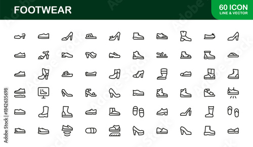 Footwear line icon set with modern details. Footwear Professional Line Icon Set – Modern, Minimal, and Stylish Outline Vector Icons Featuring Shoes, Sneakers, Heels, Boots, and More
