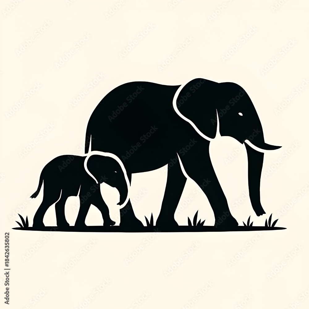Obraz premium Elephants Silhouette: A charming silhouette of an adult elephant and its calf traversing a grassy expanse, symbolizing protection, nurturing, and family bonds.