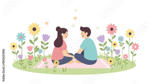 Love Blooms: A Tender Moment Amidst Blossoms. A couple enjoys a quiet, intimate moment, seated in a picturesque meadow filled with vibrant flowers and tender love.