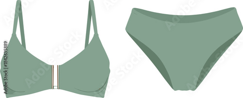 Sage Green Women's Bikini Swimsuit Set Flat Technical Illustration, Featuring a V-Neck Bra Top with Front Closure and High-Cut Bottoms Isolated Vector