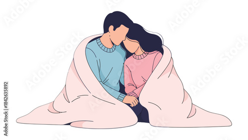 Cozy Embrace: A tender couple wrapped in a soft blanket, their heads gently touching, creating a scene of warmth and connection.  