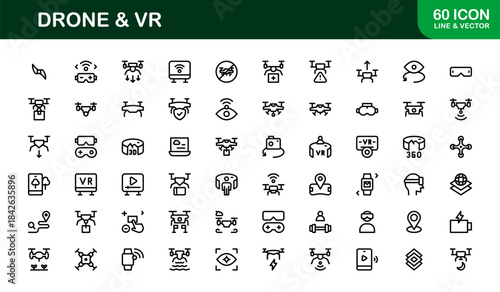 Drone and Virtual Reality line icon set – Modern professional vector icon collection for tech, innovation, and smart device industries.