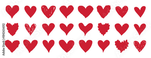 red heart icon set. Hand drawn textured hearts love concept signs