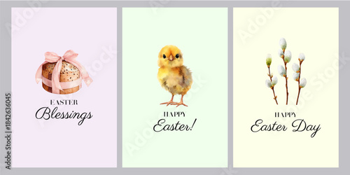 Spring Easter set with willow branches, baby chicks and a large panettone decorated with a pink bow. Card template for seasonal greetings and Easter invitations.