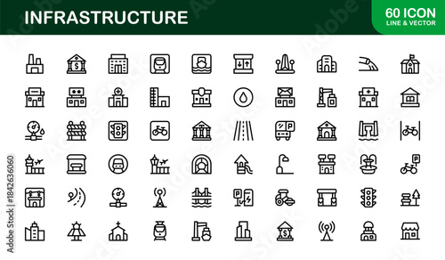 Modern Infrastructure Line Icon Set – Professional minimal vector symbols for urban planning, construction, and technology.