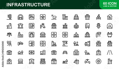 Modern Infrastructure Line Icon Set – Professional minimal vector symbols for urban planning, construction, and technology.