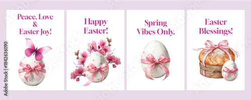 Easter greeting card with watercolor floral arrangements, pastel eggs and spring sakura blossoms in pink tones. Happy Easter. Templates for holiday invitations and holiday poster designs.
