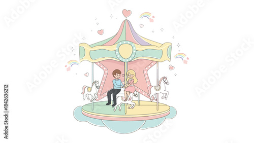 Carousel Romance: Two lovers find themselves amidst the whimsical enchantment of a carousel ride, under a sky adorned with hearts and rainbows, symbolizing the blossoming of their love.