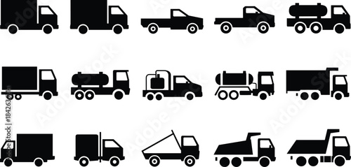 Large Black Silhouette Vector Icon Set of Various Trucks Including Box, Tanker, Pickup, Dump, and Tow Truck Isolated Transportation Symbols