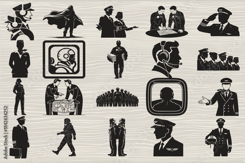 A dynamic collection of pilot and aircrew silhouettes featuring aviators, flight officers, copilots, and ground crew in action poses