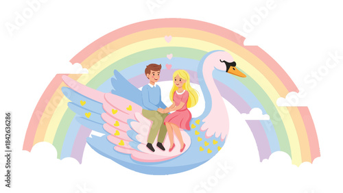 Love's Majestic Journey: A romantic couple embarks on a whimsical adventure, riding atop a grand swan, with a vibrant rainbow arching overhead, symbolizing dreams and the promise of a joyful future.