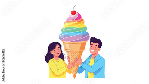 A Sweet Rainbow Dream: A couple shares the joy of a colossal, colorful ice cream cone, a vibrant symbol of pure delight.