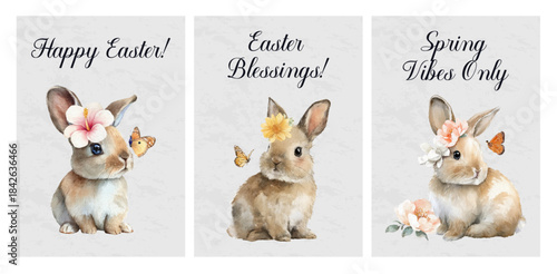 Set of Easter greeting cards with a cheerful bunny and spring butterflies in watercolor style. Happy Easter. Perfect for holiday posters, invitations and festive packaging design.