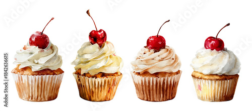 Watercolor cherry cupcakes with pink cream frosting. Sweet muffin set featuring chocolate treats, berries, and delicate cherry toppings for bakery designs.
