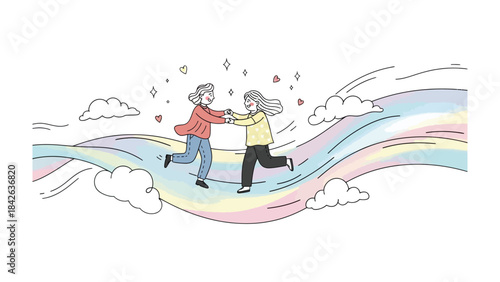 Joyful Journey: Two women joyfully traverse a vibrant, rainbow-like path, their hands clasped in a gesture of unity. Clouds and stars gently frame the scene.