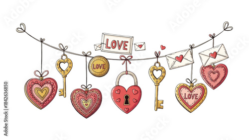 Love Garland: A charming garland of hearts, keys, love letters, and a lock, exuding warmth and affection in a simple design that perfectly embodies the spirit of love and romance.