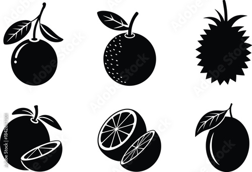 Black Silhouette Vector Icon Set of Various Fruits Including Citrus, Orange, Lemon, Half Sliced, and Durian Isolated Tropical Food Symbols