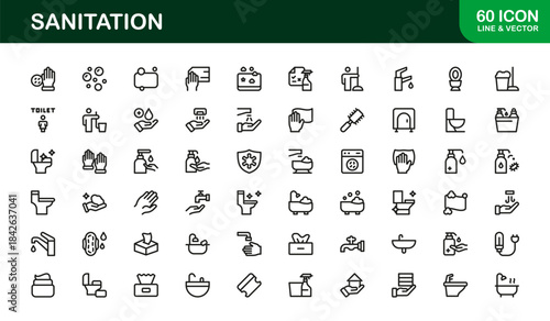 Sanitation Essentials Modern Line Icon Collection – Professional Vector Icon Set for Cleanliness and Hygiene Themes