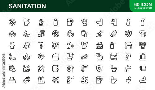 Sanitation Essentials Modern Line Icon Collection – Professional Vector Icon Set for Cleanliness and Hygiene Themes