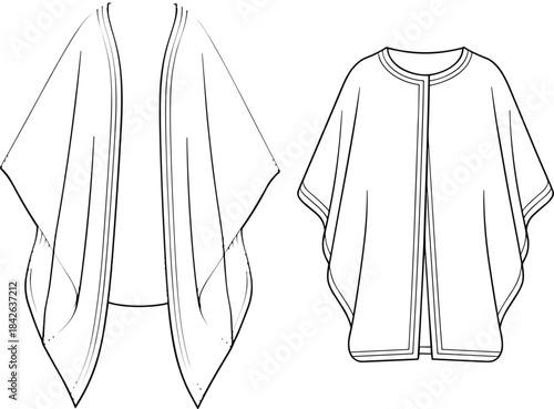 Women's Open Front and Closed Poncho Cape Technical Flat Sketch with Taped Edges Isolated Fashion CAD Template Design Vector Illustration
