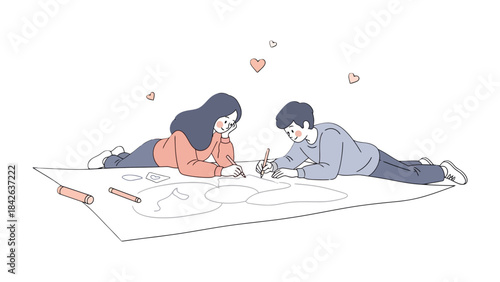 Artistic Connection: Couple sharing a moment of creative collaboration, drawing together on large canvas, surrounded by love's gentle embrace.