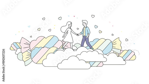 Sweetheart's Cloud Walk: In a dreamscape, a couple strolls hand-in-hand atop whimsical pastel clouds, surrounded by gentle hearts, evoking a feeling of pure romance and joy.