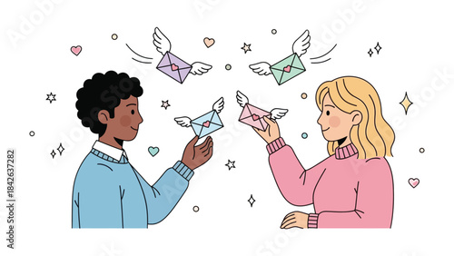 Love Letter Exchange: A tender illustration of two people exchanging winged letters, symbolizing communication and connection, against a backdrop of whimsical hearts and stars.