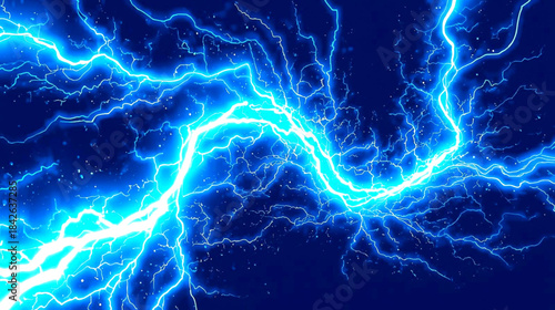 Electric blue lightning bolts striking in the dark night sky with bright energy