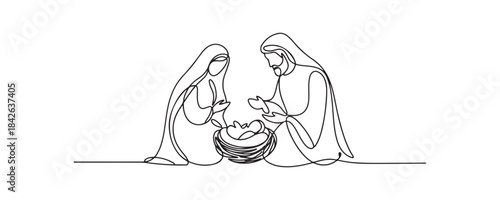 A continuous single line drawing shows Mary and Joseph adoring baby Jesus in a manger