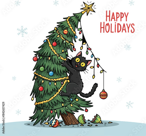 naughty black cat clinging