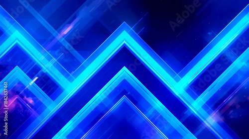 Vibrant blue neon light chevron pattern on dark background with purple accents and glowing lines