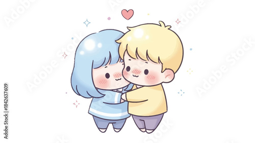 Cartoon Love: A sweet couple cuddles together expressing their affection with a floating heart. Capturing the sweetness of the couple's relationship and the emotions of love and tenderness