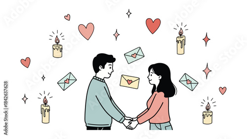 Love's Gentle Embrace: Two figures, hand in hand, share an intimate moment of love and connection, surrounded by symbols of affection, perfect for representing romance.