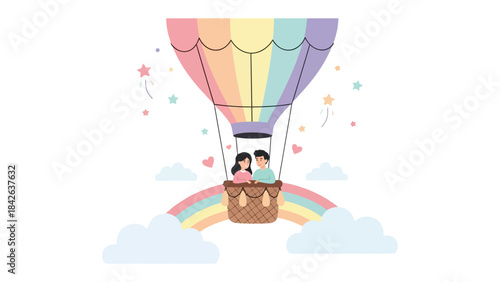  Soaring Together: A loving couple embarks on a romantic journey in a whimsical, colorful hot air balloon, floating above a vibrant rainbow, symbolizing love, hope.