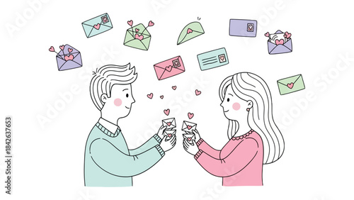 Love Letters Exchange: A heartwarming illustration captures a tender moment as a couple shares a volley of love letters, accompanied by a scattering of heart-shaped confetti.