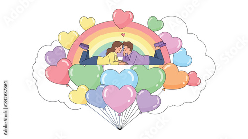 Love's Canvas: A vibrant depiction of a couple, reclining amidst a cloud of floating hearts and a colorful rainbow. This illustration embodies love, unity, and a world of vibrant emotion. 