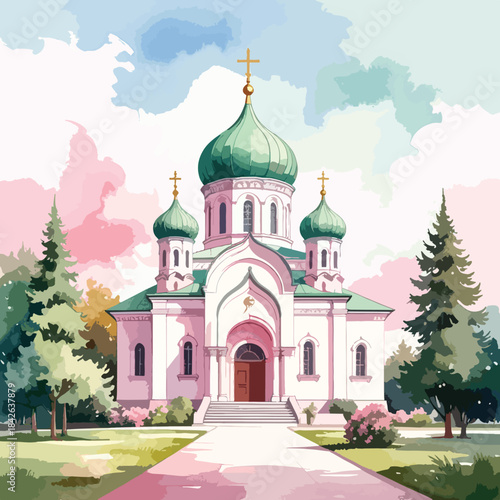 Orthodox Church Architecture in Pastel Watercolor Style
