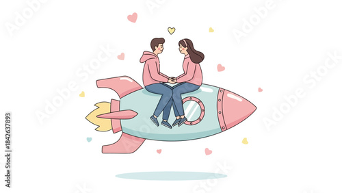 Love's Ascent: A romantic couple soars through the sky on a charming rocket, surrounded by delicate hearts, symbolizing their journey of love and togetherness. 
