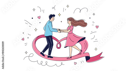 Love's Serenade: A tender moment unfolds as a couple dances, hand in hand, atop a ribbon shaped like a heart, symbolizing the depth of their affection and the grace of their love story.
